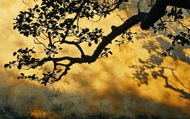 Silhouette of tree branch and leaves casting shadows on a textured gold wall.