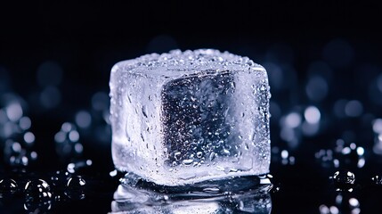 A single ice cube sits on a dark surface, glistening with condensation. Cool, refreshing, and perfect for a summer drink!