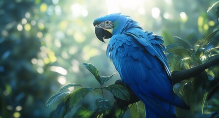 Fototapeta premium Brilliant blue parrot perched on a branch in a misty forest during the golden hour