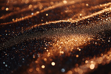 Shimmering bronze and copper glitter texture, abstract background with bokeh lights, luxurious sparkling backdrop for design projects.