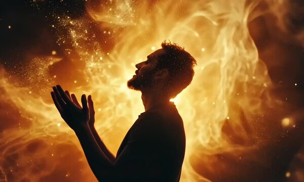 man praying and praising god on background