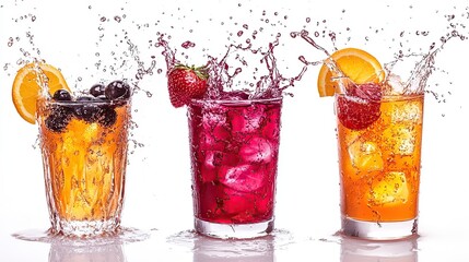 Three refreshing iced tea drinks with fruit and ice splashes.