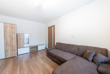 Modern Home Living Room Interior with Comfortable Sofa and Minimalistic Wooden Furniture