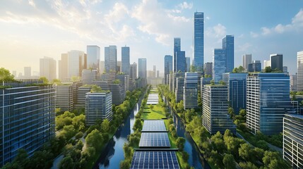 Obraz premium Futuristic city skyline with solar panels showcasing sustainable urban design