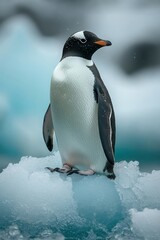Obraz premium Gentoo penguin stands on icy Antarctic terrain.