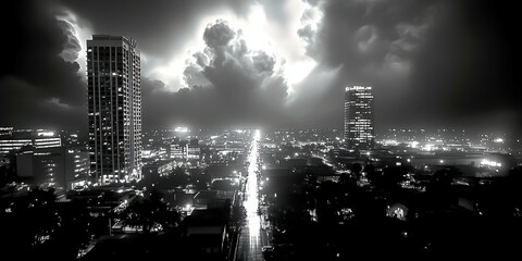 Dramatic black and white cityscape at night with stormy clouds and illuminated streets.