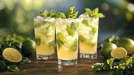 Fototapeta premium Three refreshing mojito cocktails with lime and mint garnishes on a rustic wooden table.