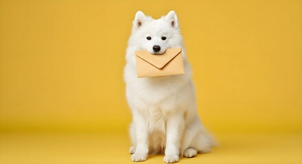 dog holding a white envelope in its mouth on yellow background