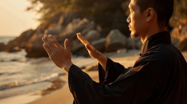 Individual practicing tai chi at a beach during sunset, focusing on fitness, mental well-being, and energy balance through a serene exercise routine in nature
