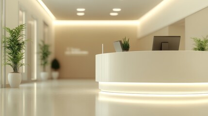 Modern reception area with a curved desk, plants, and soft lighting.