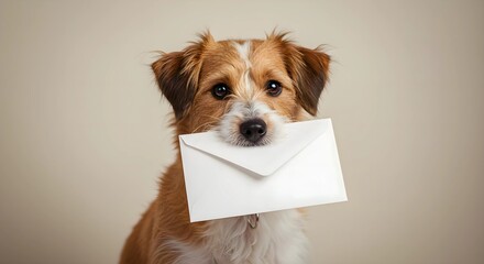 Adorable dog holding a white envelope in its mouth, pet, expression, fluffy, puppy, adorable expression, sweet, dog with envelope