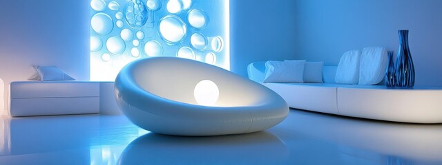 Unique inflatable furniture creates a modern lounge atmosphere in a futuristic interior setting with soft blue lighting