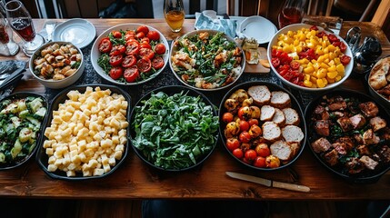 Fototapeta premium Overhead view of a long wooden table laden with various salads, grilled meats, cheese, and bread, suggesting a celebratory meal or buffet.