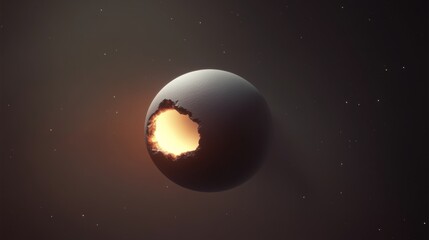 Obraz premium A dark planet with a glowing core, featuring a significant hole, set against a cosmic backdrop of stars and space.
