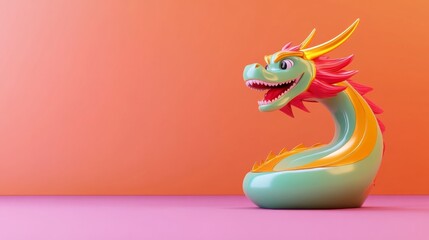Fototapeta premium A colorful dragon figurine with a playful expression sits against a vibrant orange and pink background, showcasing its whimsical design.