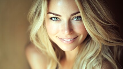 Naklejka premium Beautiful Blonde Woman Smiling Closeup, Perfect for Chat Widget Icon