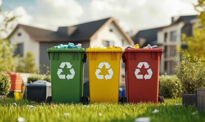 Three colorful recycling bins on grassy lawn.