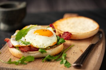 Homemade Freshness: Bacon, Fried Egg, and Rocket Leaves Baps for Breakfast in 4K Ultra HD