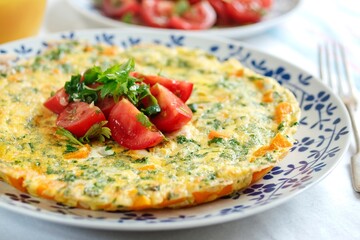 Fresh Vegetable Omelette with Cherry Tomato and Herb Garnish on a Floral Plate