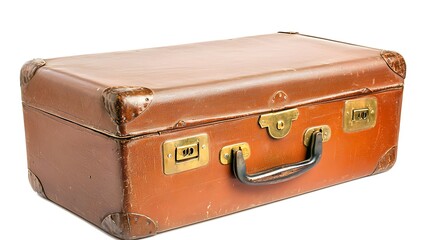 Isolated vintage brown suitcase with a brass clasp isolated on solid white background.