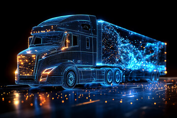 Glowing wireframe a modern truck on a transparent background, highlighted by a combination of blue and black data points


