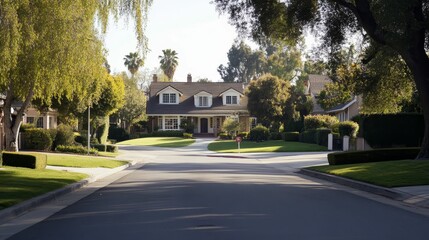 Fototapeta premium Suburban street scene; house, trees, lawns.