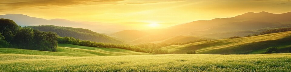 Obraz premium A serene landscape at sunset, showcasing rolling hills and lush greenery.
