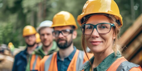 Fototapeta premium Group portrait of diverse engineers at a construction site, showcasing project management and leadership in architecture and industry, featuring women and their partners