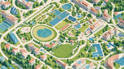 Fototapeta premium Campus aerial view: buildings, fields, lush greenery.