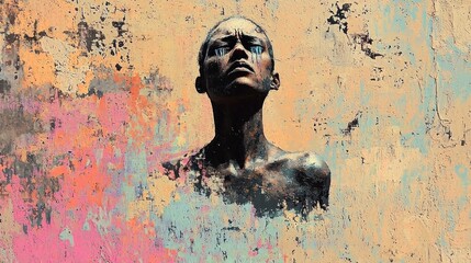 A striking portrait with vibrant abstract background.