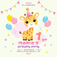 1st birthday, Invitation birth day card for girl, cute giraffe baby with  balloons, colourful vector illustration, template