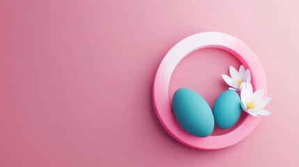 A minimalistic arrangement featuring two blue eggs and white flowers inside a pink circular frame on a soft pink background.