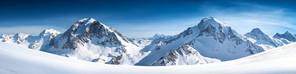 A breathtaking panoramic view of snow-capped mountain under a clear blue sky.