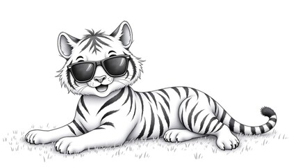 Fototapeta premium Cartoon tiger wearing sunglasses relaxing on grass