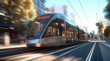 Fototapeta premium A close-up of an electric train's sleek exterior on the tracks, set against a bustling urban backdrop with clear blue skies and motion blur for a dynamic effect.