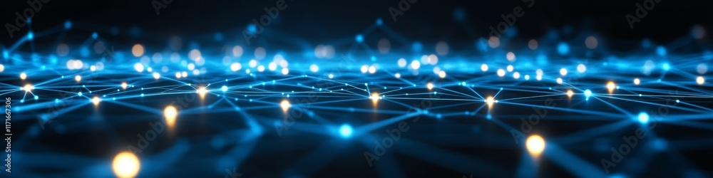 Poster a digital network visualization with glowing nodes and connections representing data flow.