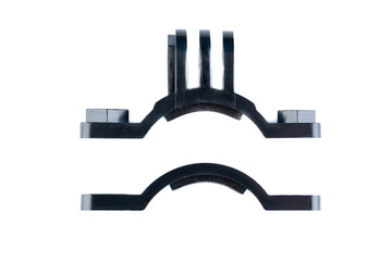 Close-up of black plastic mounting brackets isolated on white background.