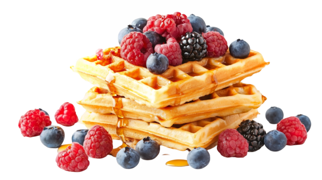 A stack of fluffy waffles topped with fresh berries isolated on a transparent background, PNG