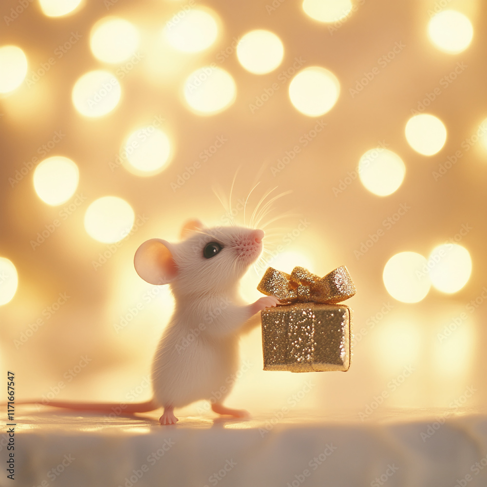 Poster adorable white mouse with a golden gift box in a warm festive bokeh setting