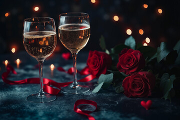 Two glasses of champagne and two red roses on a table