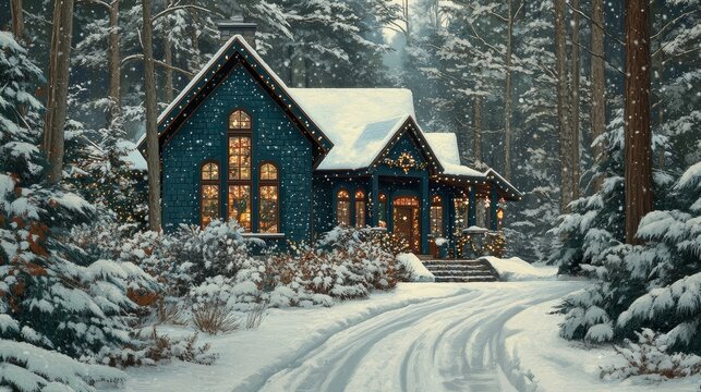 Charming blue cottage nestled in a snowy forest with glowing windows, snow-covered trees, and a winding driveway, creating a peaceful and magical winter retreat perfect for cozy holidays and seasonal 