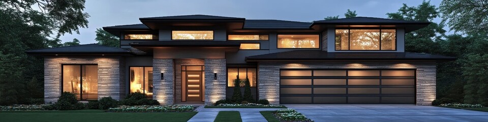 Modern two-story home with large windows and landscaped front yard.