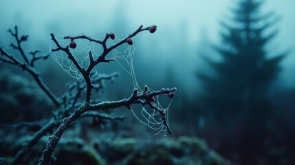 Moody Winter Forest Scene with Frost-Covered Branches and Spider Webs in a Misty Atmosphere Highlighting Nature&rsquo;s Beauty and Serene Wilderness