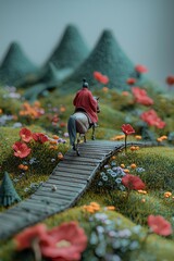 Miniature scene of a lone rider on horseback crossing a wooden bridge through a whimsical landscape of rolling green hills and vibrant red flowers, evoking adventure, serenity, and fantasy storytellin