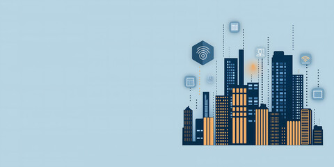 Obraz premium Smart city background with stylized buildings, digital icons, and technology elements on a blue backdrop, ideal for innovation, urban development, and futuristic concepts