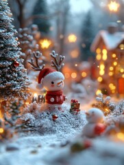 Whimsical snowy Christmas scene with adorable snowman figures, twinkling lights, reindeer antlers, gift boxes, and glowing cottages, capturing the cozy magic and joyful spirit of a festive winter wond