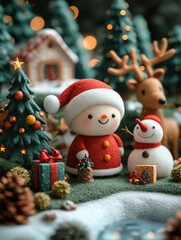 Adorable Christmas scene featuring cute snowman figures in Santa outfits, surrounded by decorated trees, presents, reindeer, and a cozy holiday village, creating a magical and festive winter wonderlan
