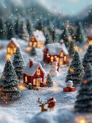 Miniature snowy Christmas village scene with glowing cottages, decorated trees, snowman, reindeer, and holiday lights, capturing the cozy magic, festive charm, and joyful spirit of the winter holiday 