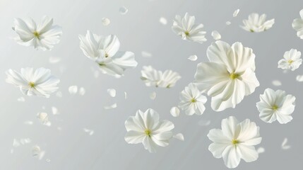 flying white flowers isolated on transparent background cutout