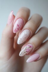 Soft and feminine pink floral nail art featuring delicate cherry blossom designs, glossy finishes, and subtle glitter accents, creating an elegant and romantic manicure perfect for spring and special 